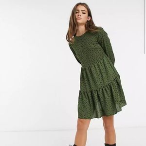ASOS DESIGN long sleeve tiered smock mini dress in green polkadot